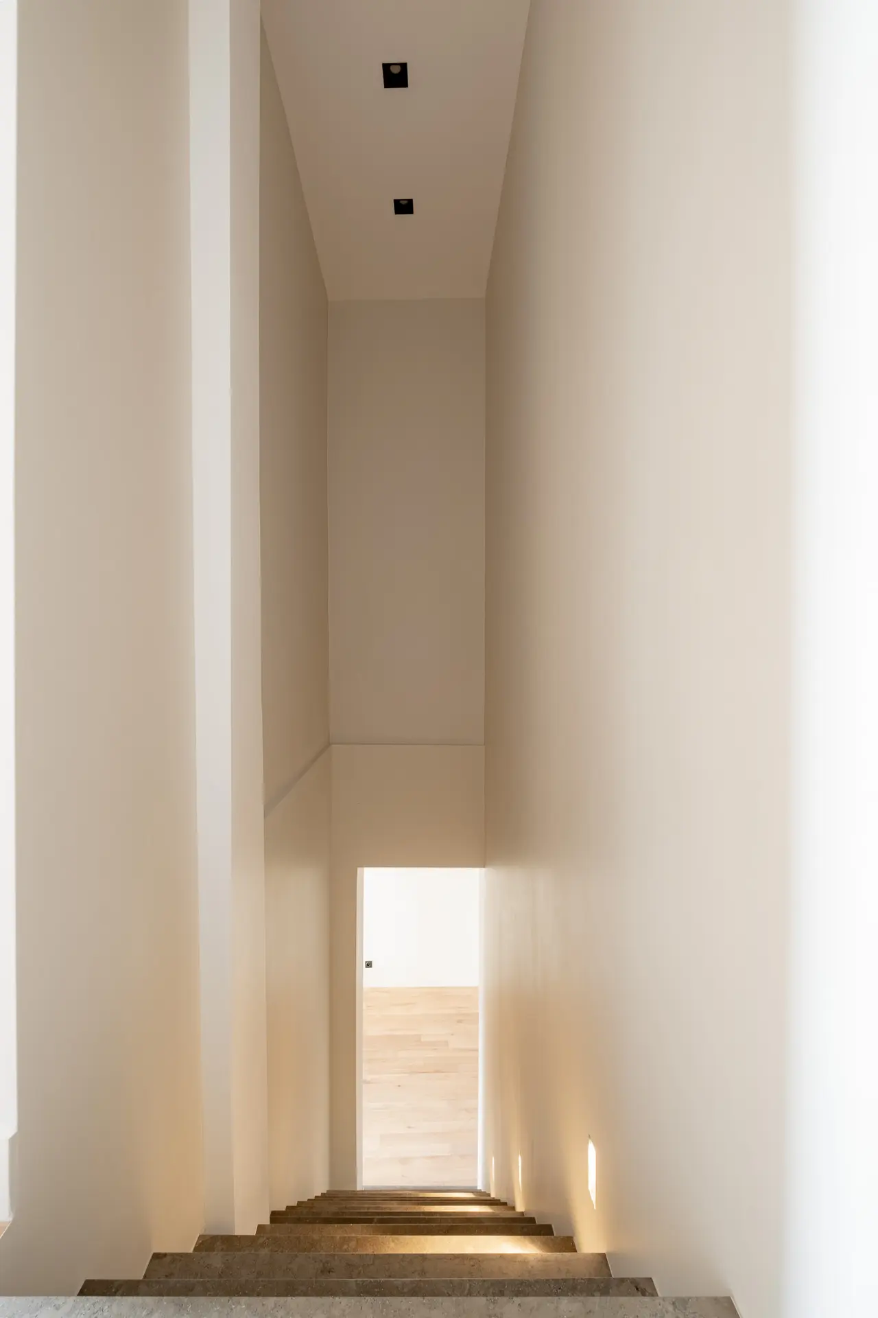 L'escalier vu d'en haut, éclairé marche à marche.